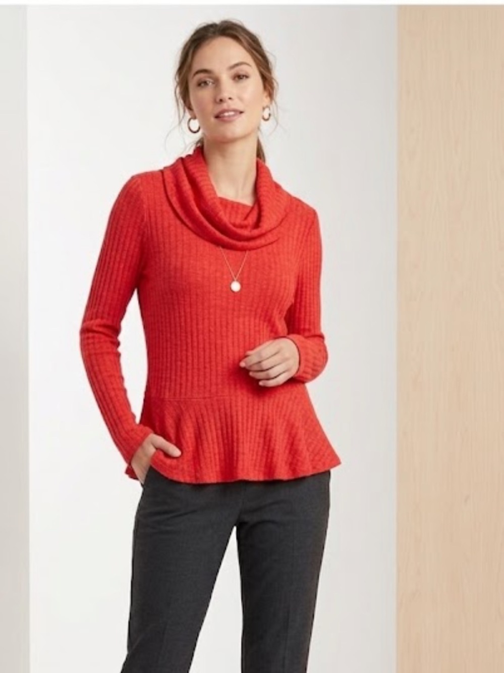 Anthropologie Red Ribbed Cowl-Neck Peplum Sweater